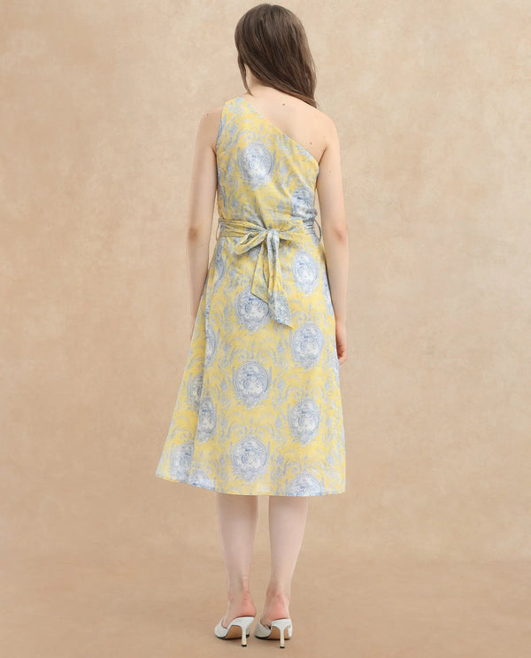 Rareism Women Bermera Multi Cotton Fabric Sleeveless Zip Closure One Shoulder One Shoulder Fit And Flare Ornamental Print Midi Dress