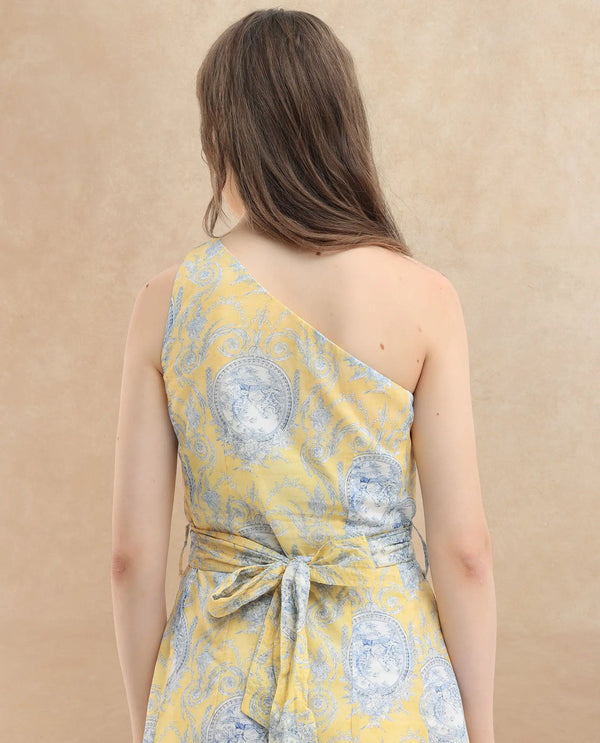 Rareism Women Bermera Multi Cotton Fabric Sleeveless Zip Closure One Shoulder One Shoulder Fit And Flare Ornamental Print Midi Dress