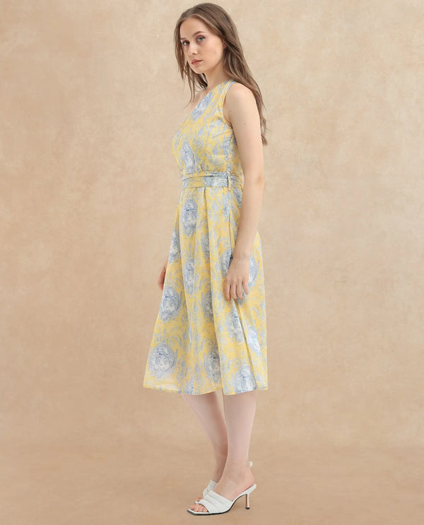 Rareism Women Bermera Multi Cotton Fabric Sleeveless Zip Closure One Shoulder One Shoulder Fit And Flare Ornamental Print Midi Dress