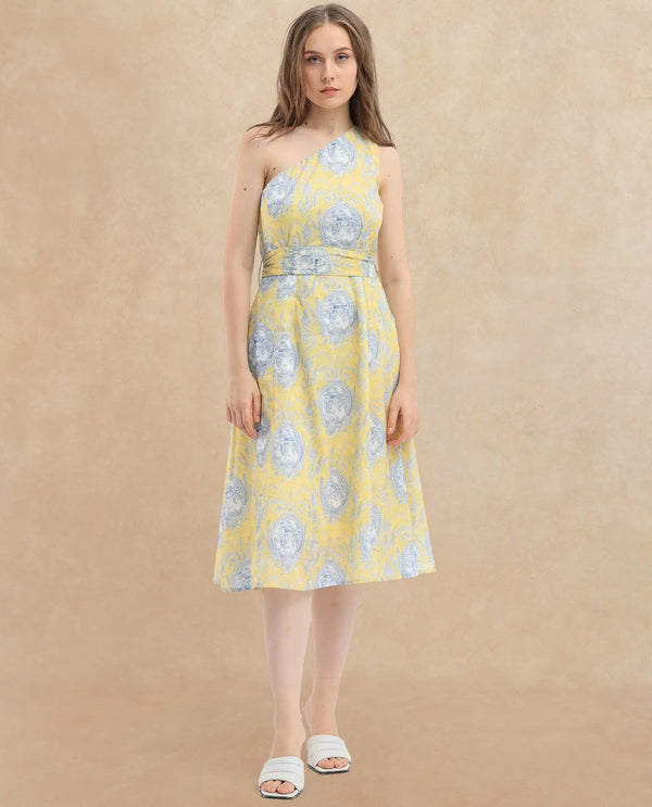 Rareism Women Bermera Multi Cotton Fabric Sleeveless Zip Closure One Shoulder One Shoulder Fit And Flare Ornamental Print Midi Dress