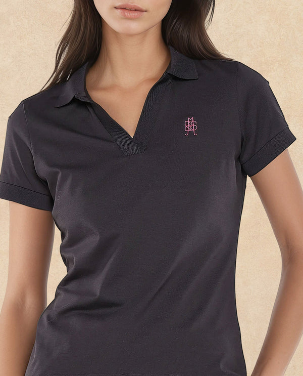 Rareism Women Bern Dark Grey Cotton Poly Fabric Short Sleeve Polo Collar Plain Polo