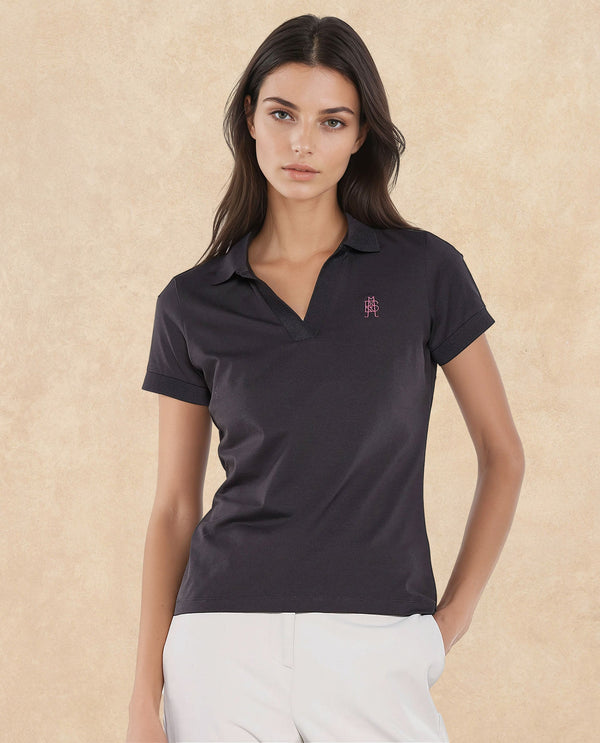 Rareism Women Bern Dark Grey Cotton Poly Fabric Short Sleeve Polo Collar Plain Polo