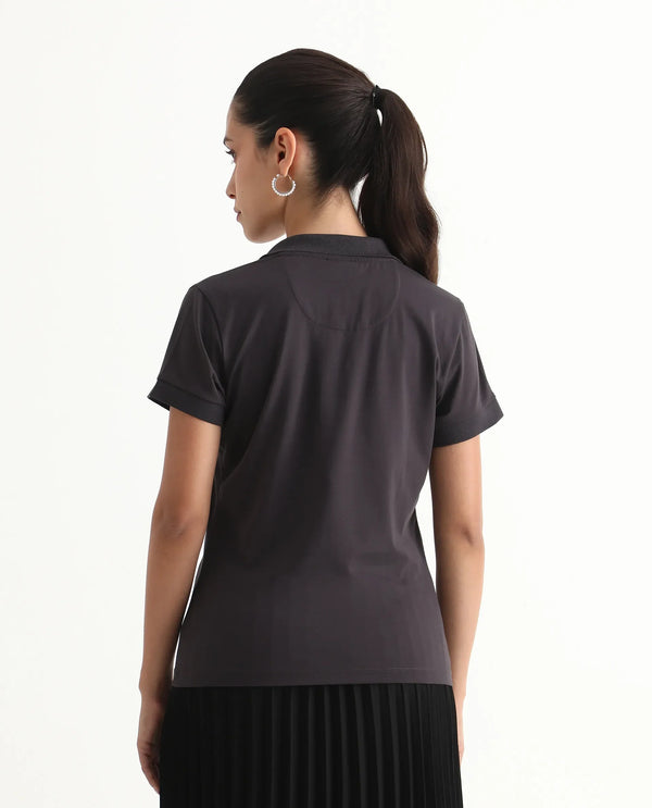 Rareism Women Bern Dark Grey Cotton Poly Fabric Short Sleeve Polo Collar Plain Polo