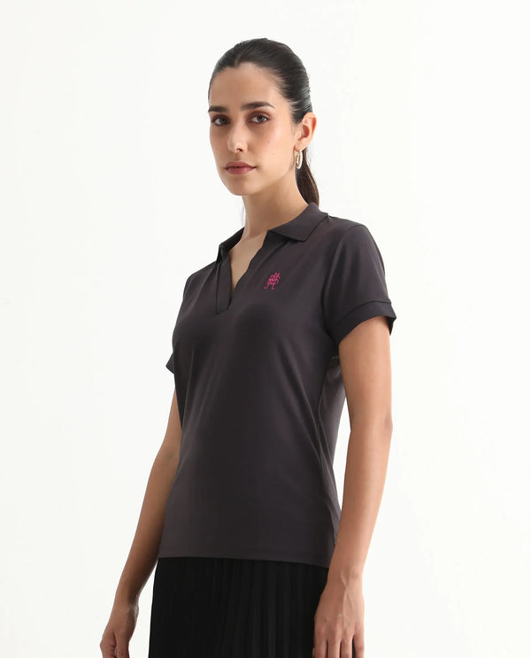 Rareism Women Bern Dark Grey Cotton Poly Fabric Short Sleeve Polo Collar Plain Polo