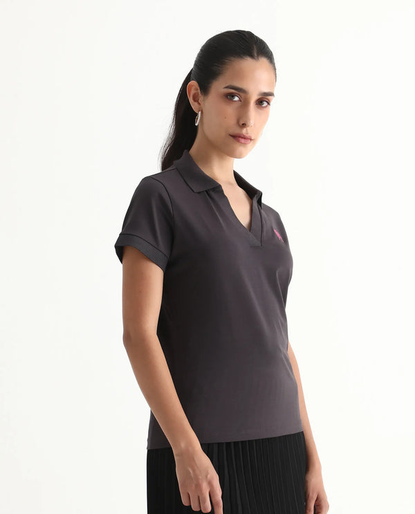 Rareism Women Bern Dark Grey Cotton Poly Fabric Short Sleeve Polo Collar Plain Polo