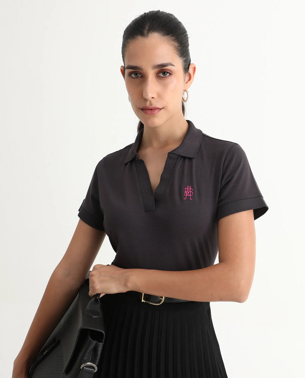 Rareism Women Bern Dark Grey Cotton Poly Fabric Short Sleeve Polo Collar Plain Polo