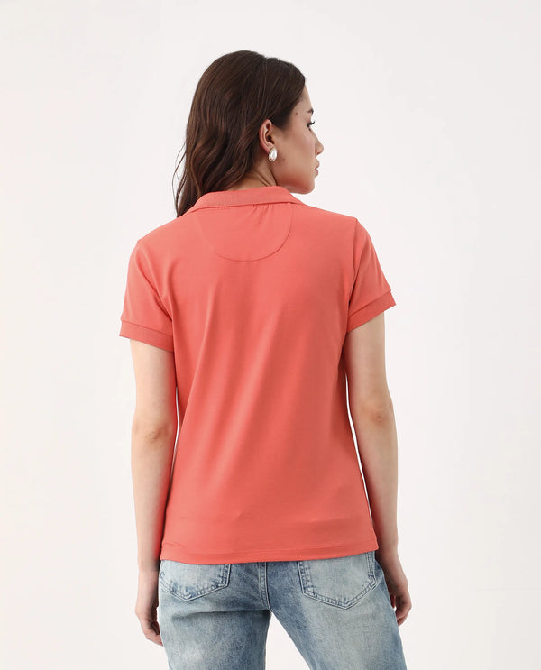 Rareism Women Bern Orange Cotton Poly Fabric Short Sleeve Polo Collar Plain Polo