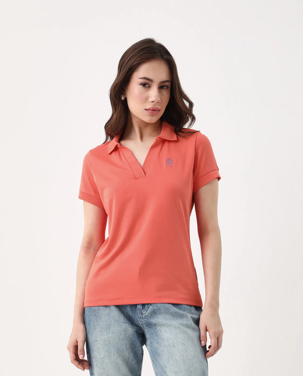 Rareism Women Bern Orange Cotton Poly Fabric Short Sleeve Polo Collar Plain Polo