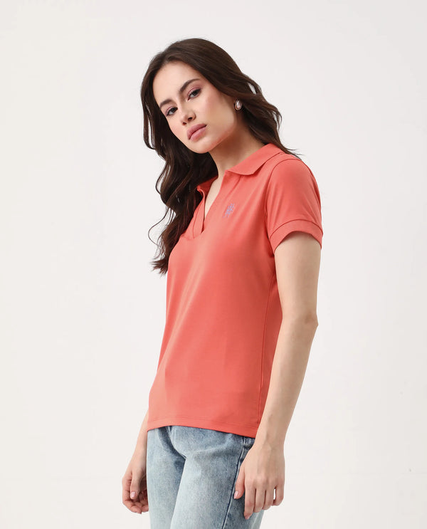 Rareism Women Bern Orange Cotton Poly Fabric Short Sleeve Polo Collar Plain Polo