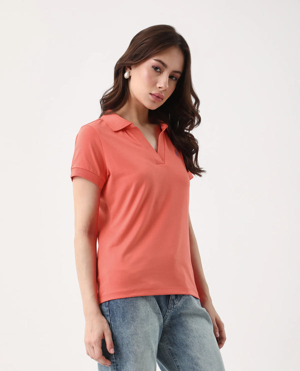 Rareism Women Bern Orange Cotton Poly Fabric Short Sleeve Polo Collar Plain Polo