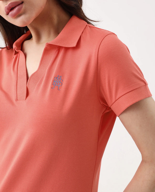 Rareism Women Bern Orange Cotton Poly Fabric Short Sleeve Polo Collar Plain Polo