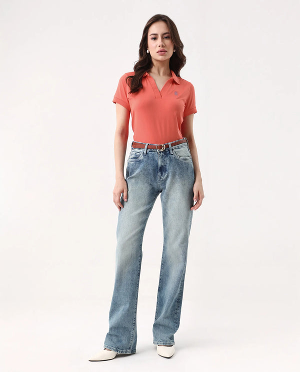 Rareism Women Bern Orange Cotton Poly Fabric Short Sleeve Polo Collar Plain Polo