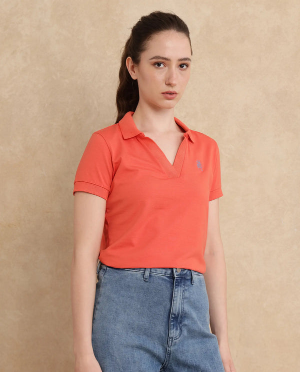 Rareism Women Bern Orange Cotton Poly Fabric Short Sleeve Polo Collar Plain Polo