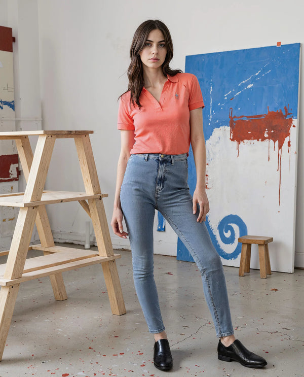 Rareism Women Bern Pastel Orange Cotton Poly Fabric Short Sleeve Polo Collar Plain Polo