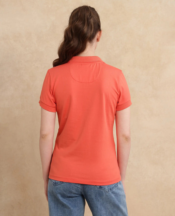Rareism Women Bern Orange Cotton Poly Fabric Short Sleeve Polo Collar Plain Polo