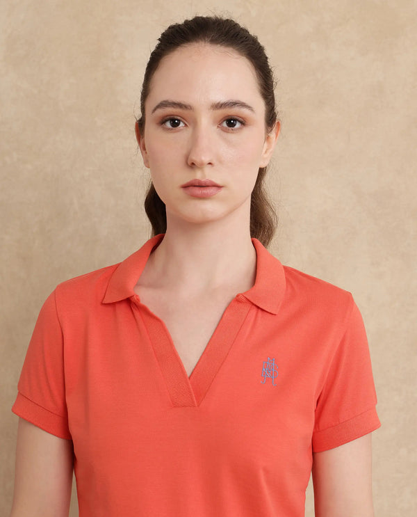 Rareism Women Bern Orange Cotton Poly Fabric Short Sleeve Polo Collar Plain Polo
