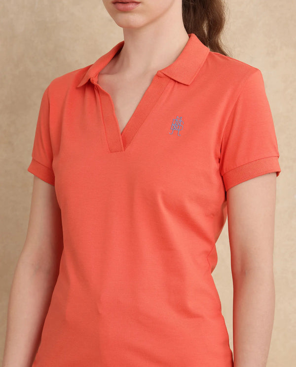 Rareism Women Bern Orange Cotton Poly Fabric Short Sleeve Polo Collar Plain Polo