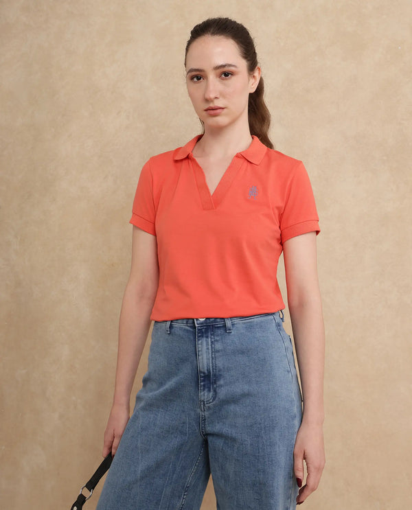 Rareism Women Bern Orange Cotton Poly Fabric Short Sleeve Polo Collar Plain Polo