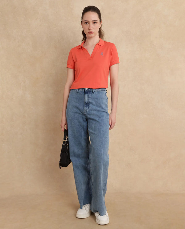 Rareism Women Bern Orange Cotton Poly Fabric Short Sleeve Polo Collar Plain Polo
