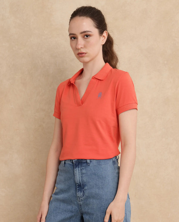 Rareism Women Bern Orange Cotton Poly Fabric Short Sleeve Polo Collar Plain Polo