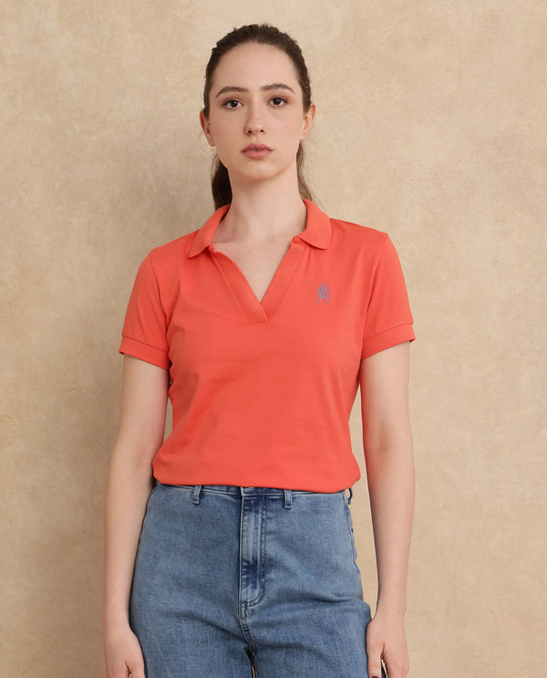 Rareism Women Bern Orange Cotton Poly Fabric Short Sleeve Polo Collar Plain Polo