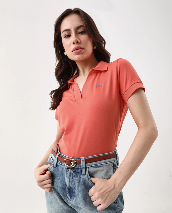 Rareism Women Bern Orange Cotton Poly Fabric Short Sleeve Polo Collar Plain Polo