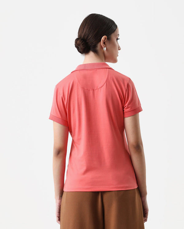 Rareism Women Bern Pastel Orange Cotton Poly Fabric Short Sleeve Polo Collar Plain Polo