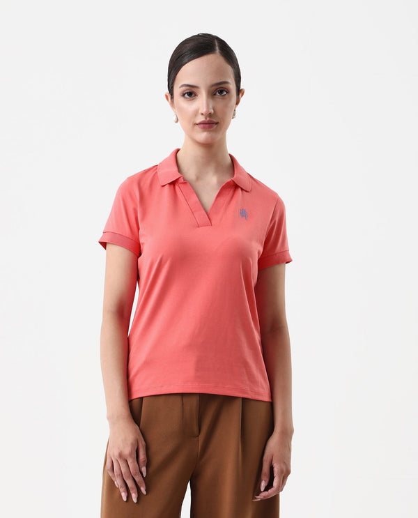 Rareism Women Bern Pastel Orange Cotton Poly Fabric Short Sleeve Polo Collar Plain Polo