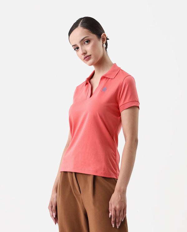 Rareism Women Bern Pastel Orange Cotton Poly Fabric Short Sleeve Polo Collar Plain Polo