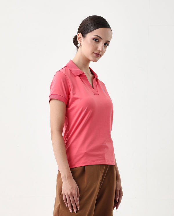 Rareism Women Bern Pastel Orange Cotton Poly Fabric Short Sleeve Polo Collar Plain Polo