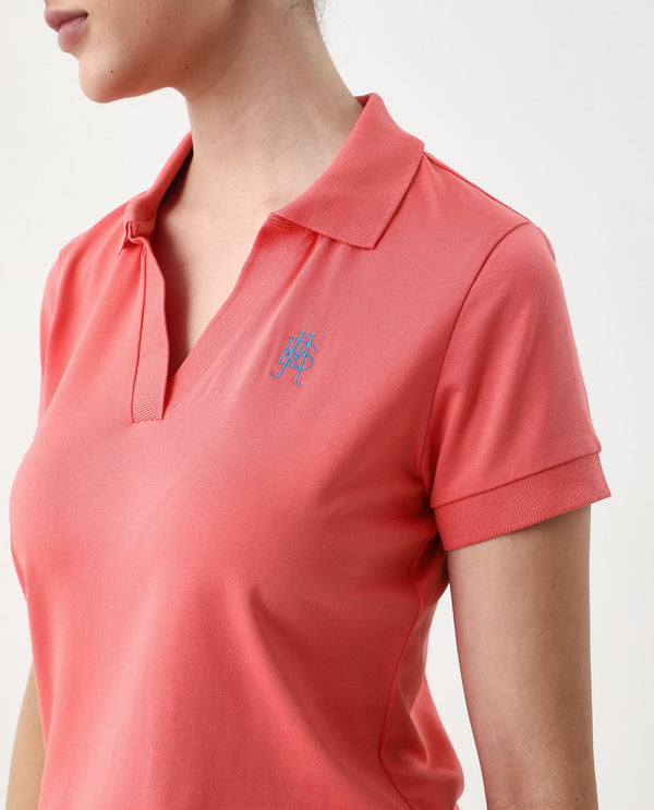 Rareism Women Bern Pastel Orange Cotton Poly Fabric Short Sleeve Polo Collar Plain Polo