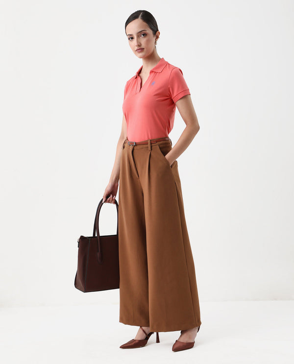 Rareism Women Bern Pastel Orange Cotton Poly Fabric Short Sleeve Polo Collar Plain Polo