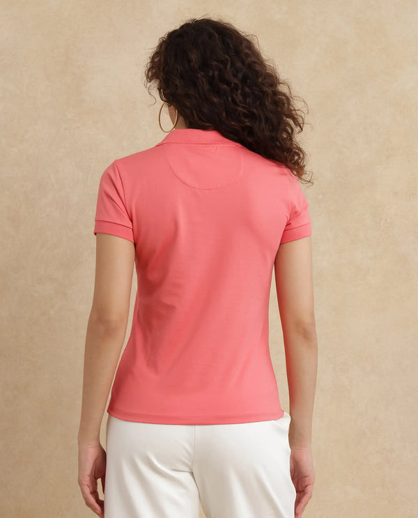 Rareism Women Bern Pastel Orange Cotton Poly Fabric Short Sleeve Polo Collar Plain Polo