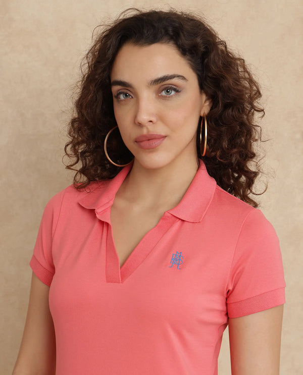 Rareism Women Bern Pastel Orange Cotton Poly Fabric Short Sleeve Polo Collar Plain Polo