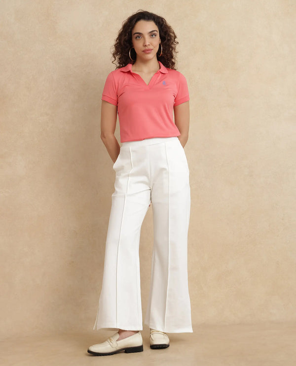 Rareism Women Bern Pastel Orange Cotton Poly Fabric Short Sleeve Polo Collar Plain Polo