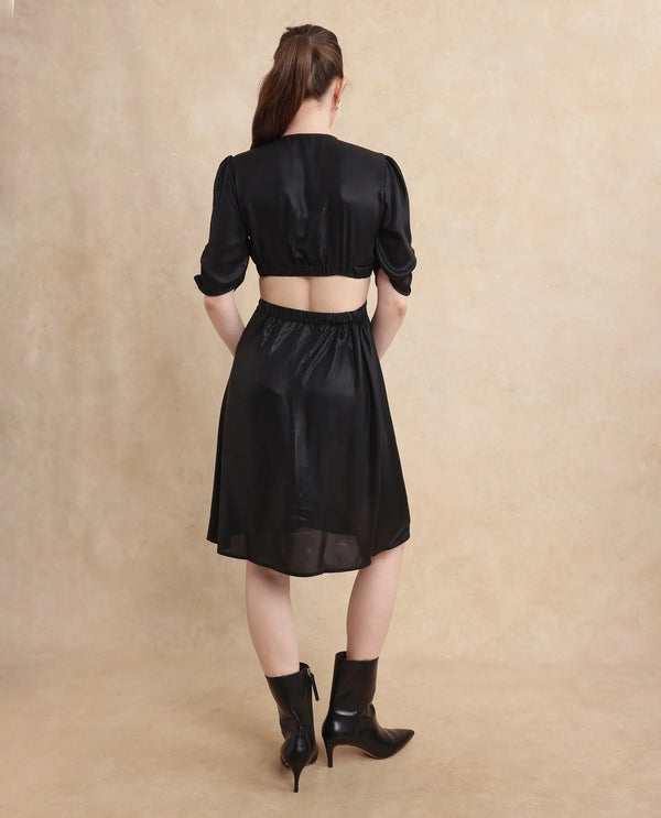 Rareism Women Besman Black V-Neck Button Closure Fit And Flare Knee Length Plain Dress