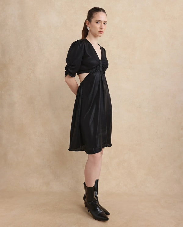 Rareism Women Besman Black V-Neck Button Closure Fit And Flare Knee Length Plain Dress