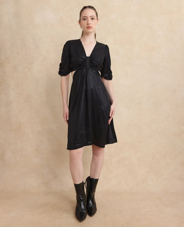 Rareism Women Besman Black V-Neck Button Closure Fit And Flare Knee Length Plain Dress