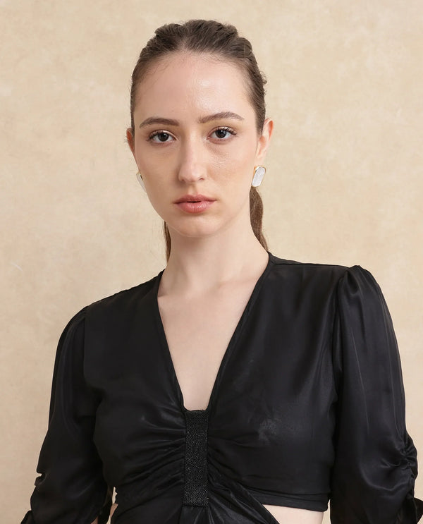 Rareism Women Besman Black V-Neck Button Closure Fit And Flare Knee Length Plain Dress