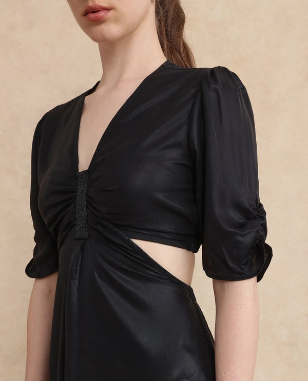 Rareism Women Besman Black V-Neck Button Closure Fit And Flare Knee Length Plain Dress