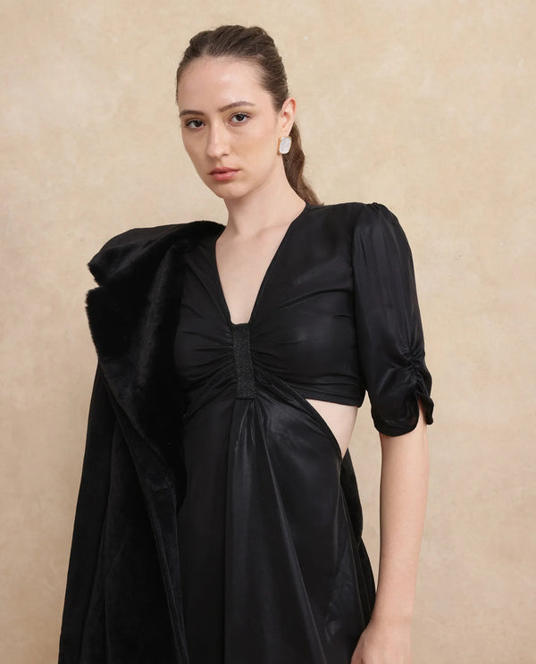 Rareism Women Besman Black V-Neck Button Closure Fit And Flare Knee Length Plain Dress
