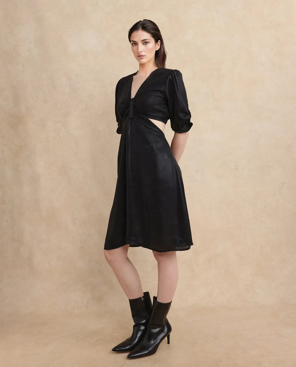 Rareism Women Besman Black V-Neck Button Closure Fit And Flare Knee Length Plain Dress