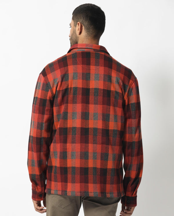 Rare Rabbit Men's Beteta Rust Cotton Polyester Fabric Full Sleeves Button Closure Twill Checks Shacket