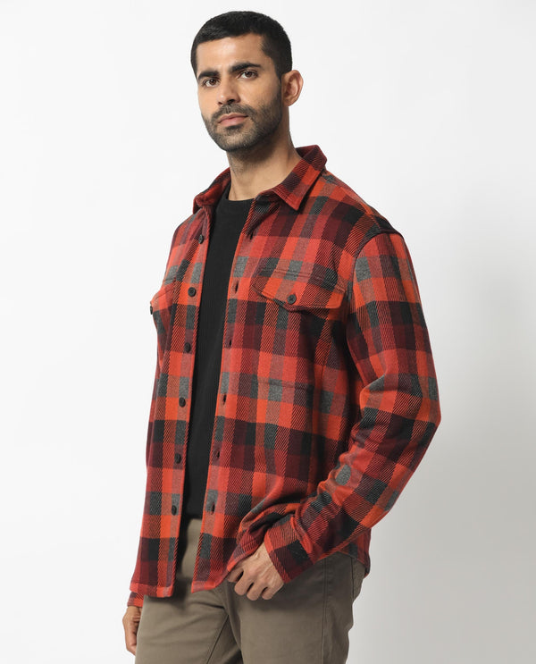 Rare Rabbit Men's Beteta Rust Cotton Polyester Fabric Full Sleeves Button Closure Twill Checks Shacket