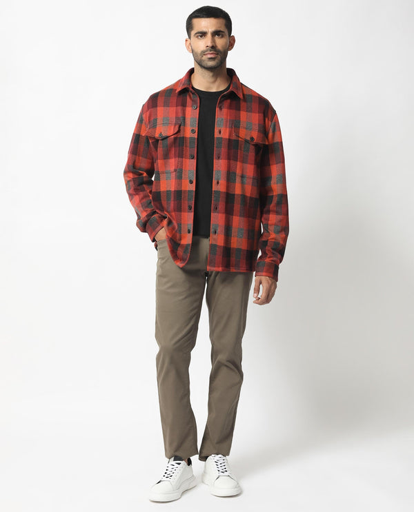 Rare Rabbit Men's Beteta Rust Cotton Polyester Fabric Full Sleeves Button Closure Twill Checks Shacket