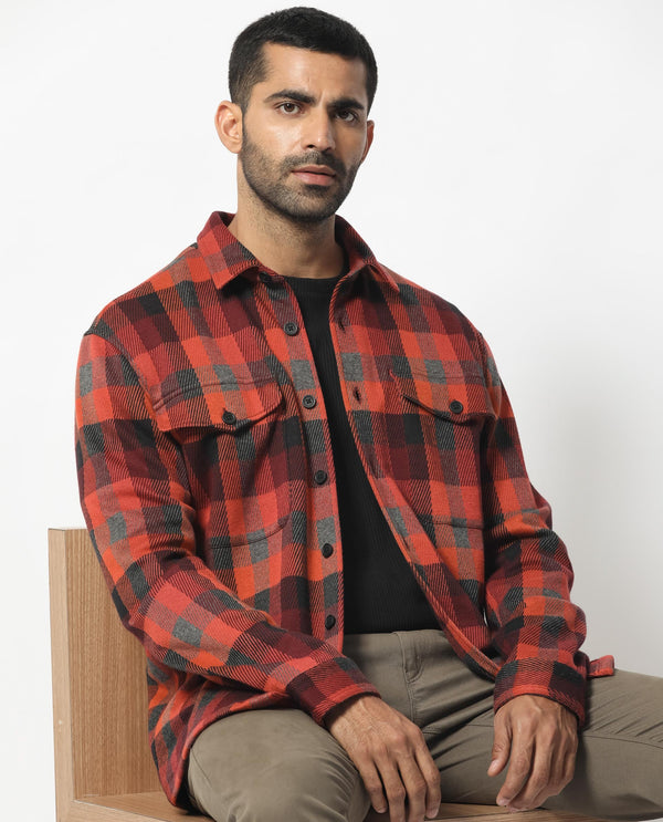 Rare Rabbit Men's Beteta Rust Cotton Polyester Fabric Full Sleeves Button Closure Twill Checks Shacket