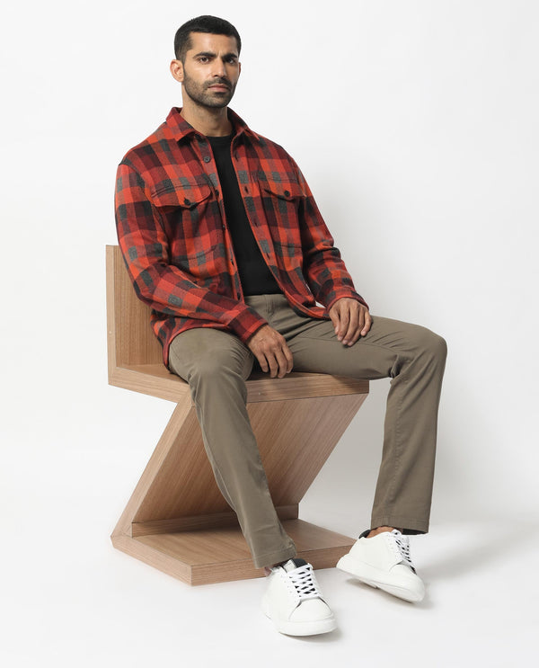 Rare Rabbit Men's Beteta Rust Cotton Polyester Fabric Full Sleeves Button Closure Twill Checks Shacket