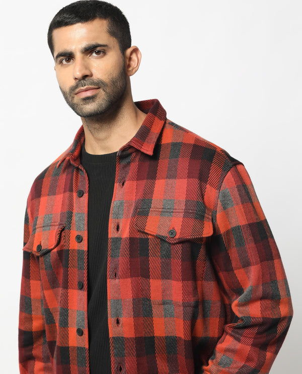 Rare Rabbit Men's Beteta Rust Cotton Polyester Fabric Full Sleeves Button Closure Twill Checks Shacket