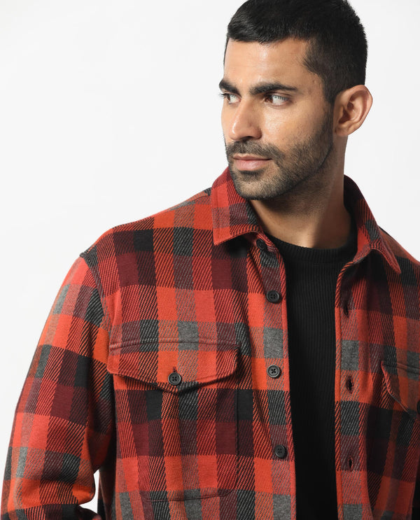 Rare Rabbit Men's Beteta Rust Cotton Polyester Fabric Full Sleeves Button Closure Twill Checks Shacket