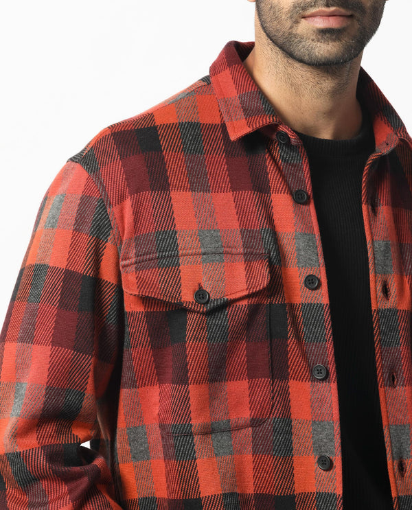 Rare Rabbit Men's Beteta Rust Cotton Polyester Fabric Full Sleeves Button Closure Twill Checks Shacket